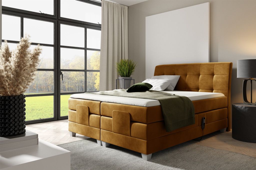 Boxspringbett Elektrisch Bett FRANCO 140x200cm in Stoff Fresh Senfgelb
