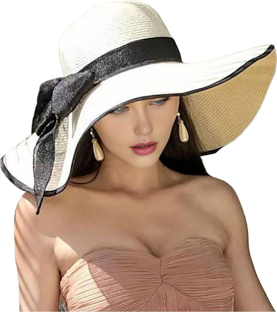 Damen-Strohhut mit breiter Krempe, atmungsaktiv, leicht, Sonnenschutzhut mit Schnürung und Schleifendekor