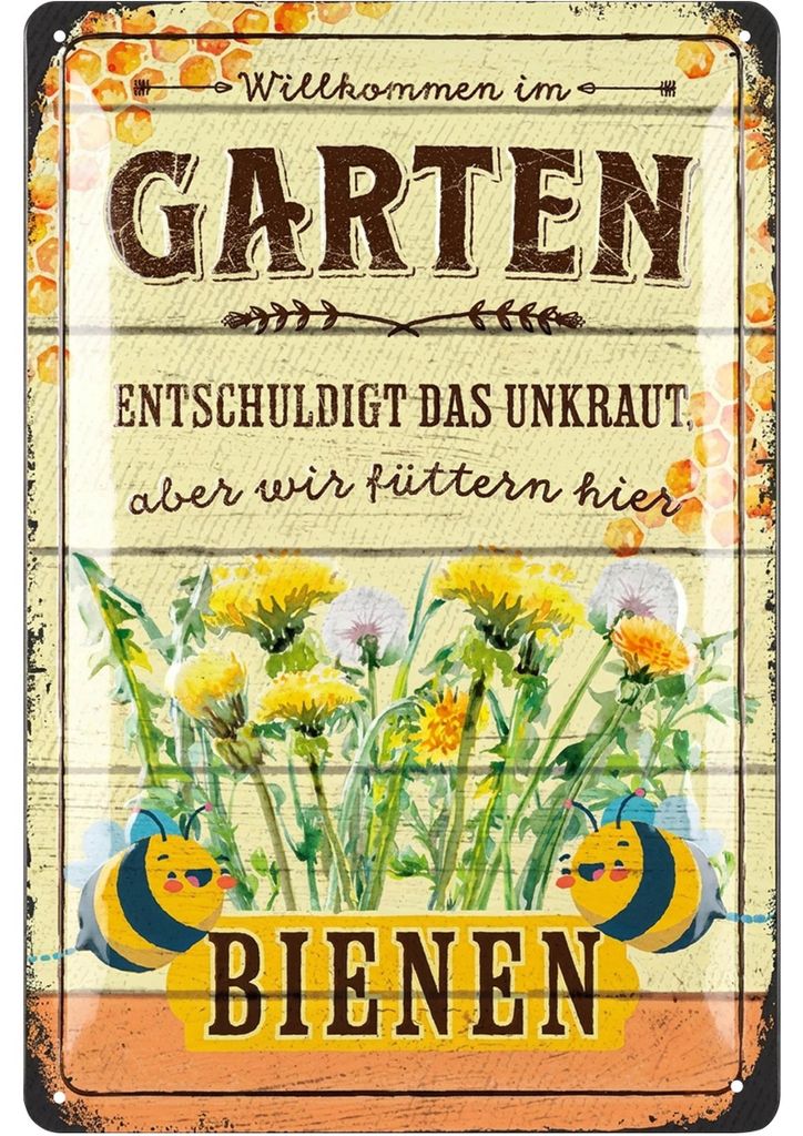 LANOLU Retro Blechschild Garten - Kein Unkraut, wir füttern hier Bienen - Garten Schilder für draußen, Schilder für den Garten 20x30cm