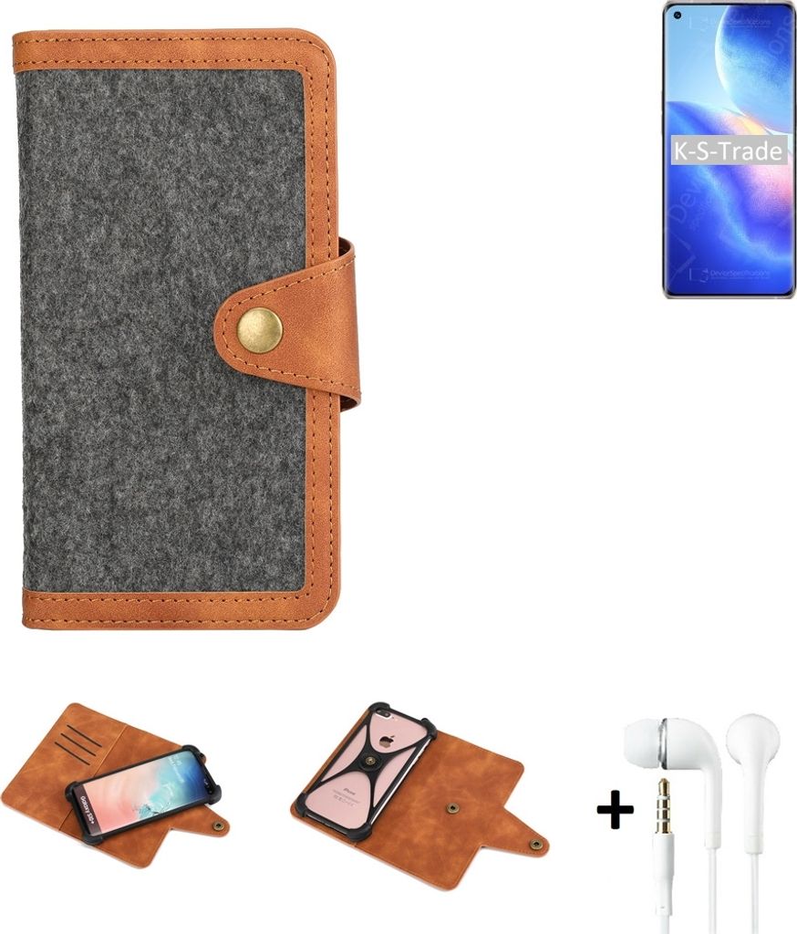 K-S-Trade Handyhülle + Kopfhörer kompatibel mit Oppo Find X3 Neo Schutzhülle Filzhülle Kunstleder dunkelgrau braun (1x)