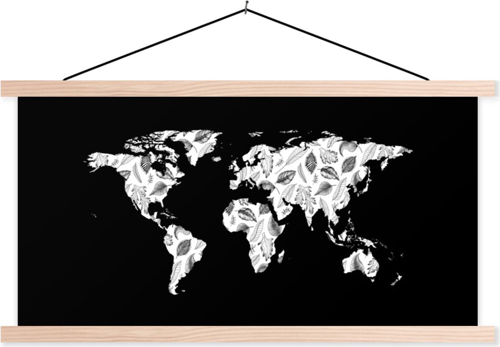 MuchoWow Textilposter Karte - Weiß - Blätter 120x60 cm mit holzfarbenen Rahmen - Klemmleiste