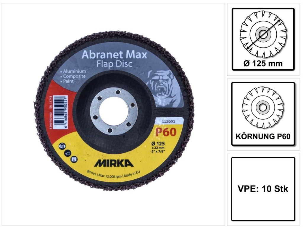 Mirka Abranet Max Flap disc T29 125 mm 22 mm ALOX 60 ( 10x 8896700160 ) Fächerscheibe für Aluminium, Verbundstoffe, Lack