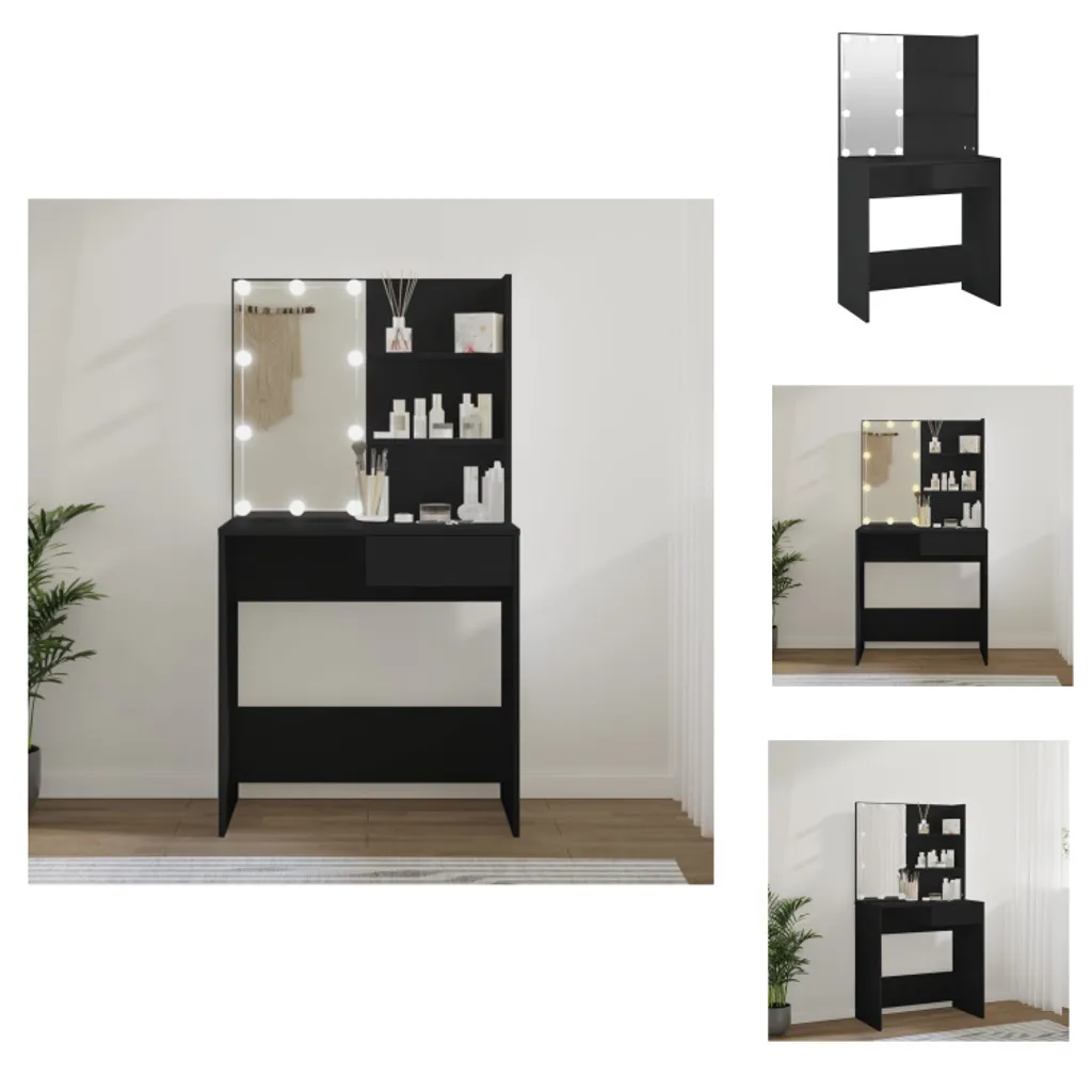 Coiffeuse noire avec lampes LED pour se maquiller et se coiffer 141cm