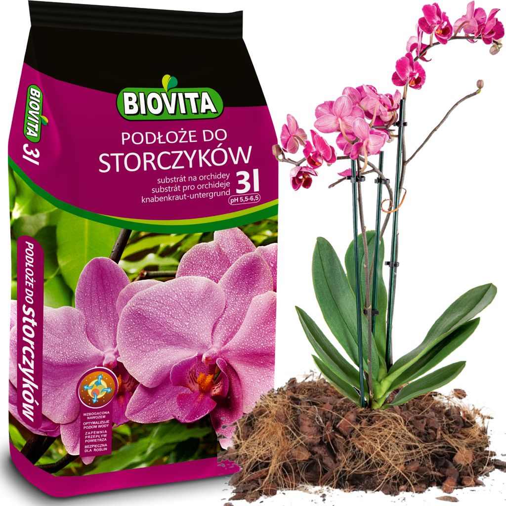 A bag of orchid substrate next to a potted orchid plant.