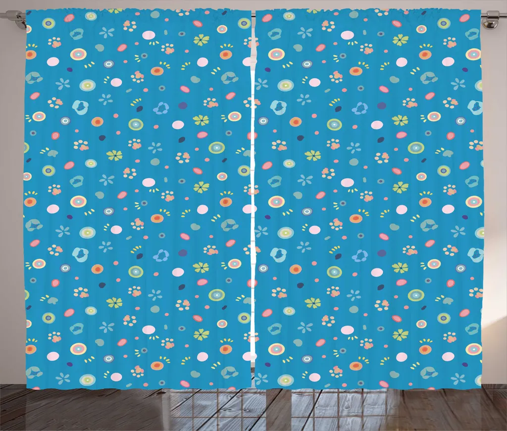 Rideau bleu marine imprimé fleurs et pois, grand format 280x225 cm, salon