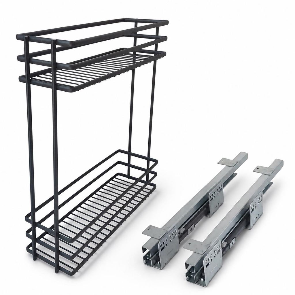 Küchenunterschrank Apothekerauszug 15 cm Anthrazit – Soft-Close, 2 Ebenen, Anschlag Rechts