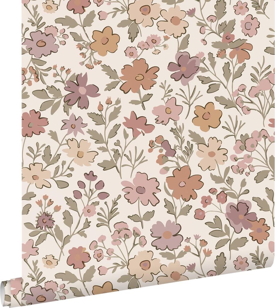 ESTAhome Tapete Blumen Mauve-Violett, Graugrün und Terrakotta 53 cm x 10.05 m