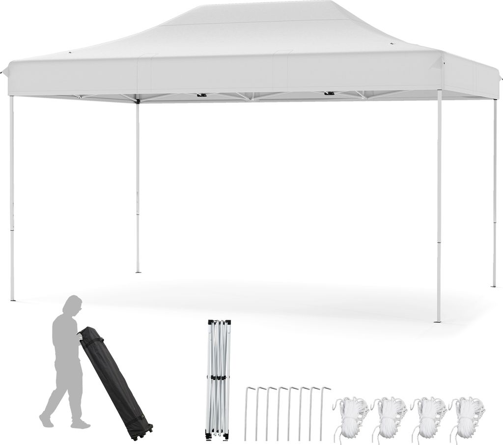 COSTWAY 3x4,5m Faltpavillon, Pop Up Pavillon Höhenverstellbar mit Rollentasche, 4 Seilen, 8 Heringen, Gartenpavillon Partyzelt, Beige