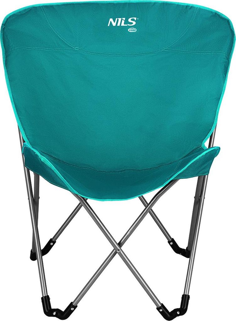 A teal camping chair is shown from the front against a white background.