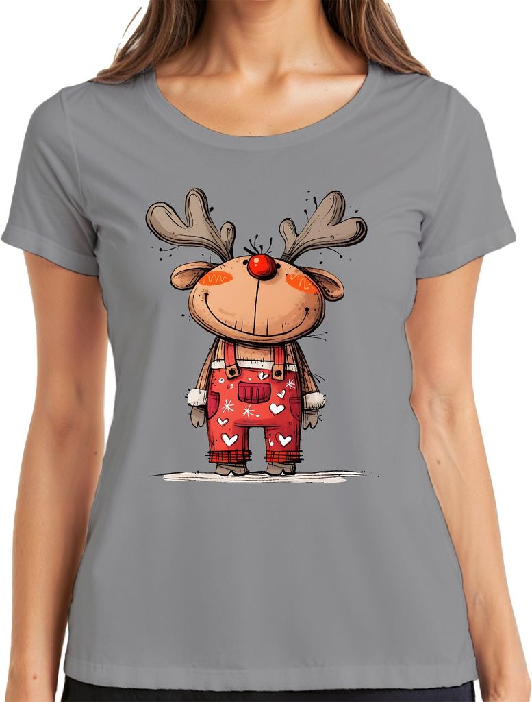 Rudolf Rentier rote Nase Weihnachten niedlich Geschenk Cartoon Damen T-Shirt, Grau, M