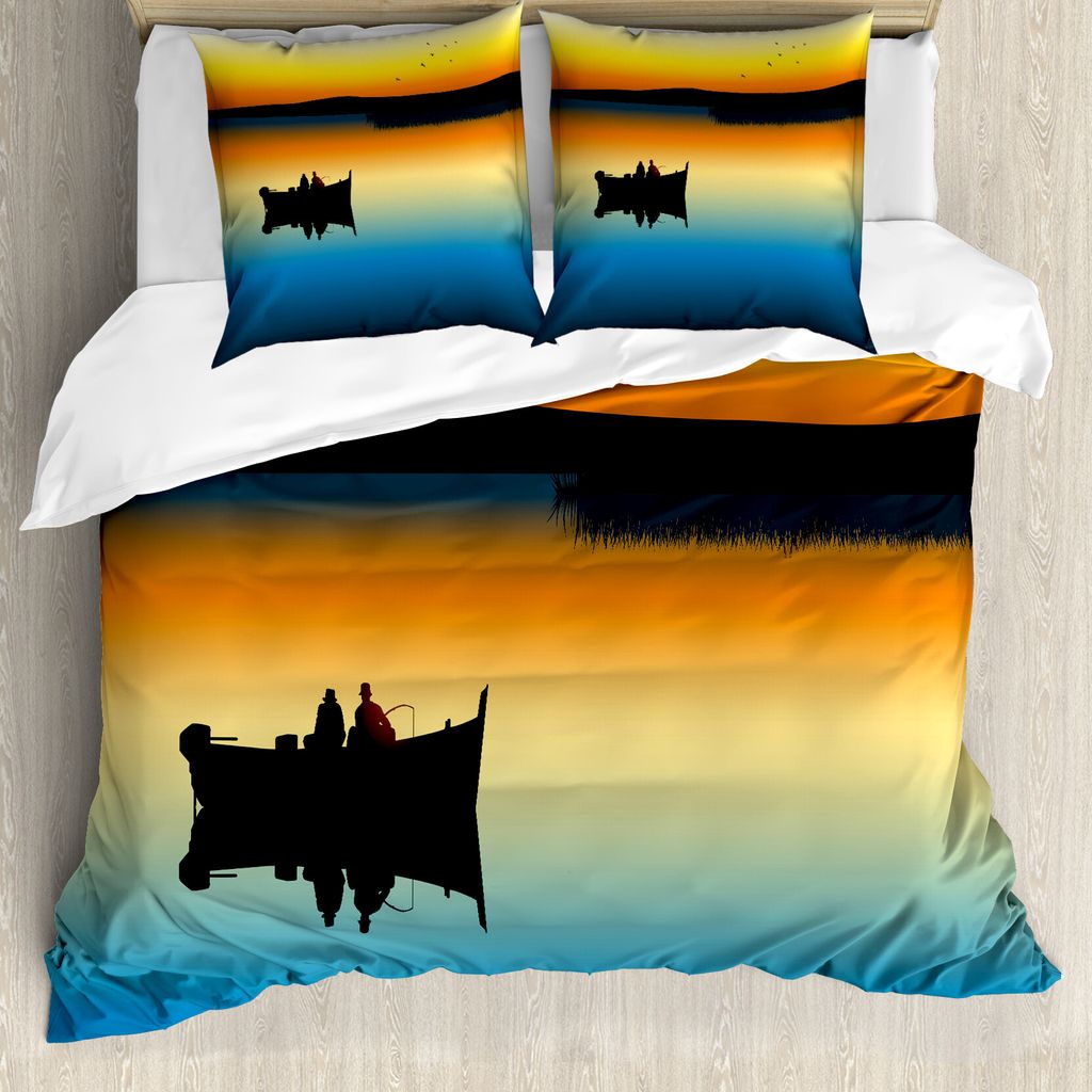 ABAKUHAUS Angeln Bettbezug, Sonnenuntergang am See-Fischen, Milbensicher Allergiker geeignet mit Kissenbezügen, 200 cm x 200 cm - 80 x 80 cm, Oran...