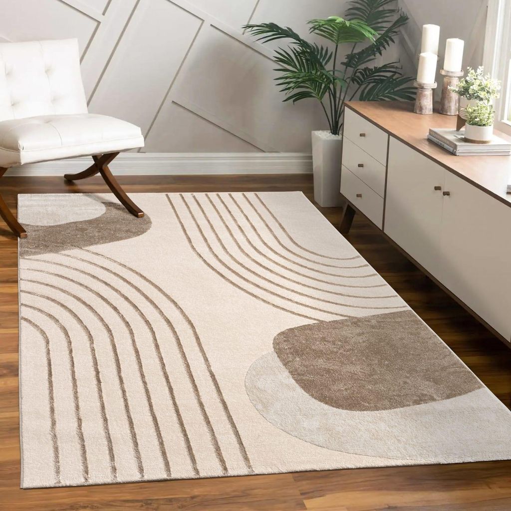 Teppich Kurzflor Abstrakt Wohnzimmer schmutzabweisend Beige Rechteckig 80x150 | 60% Polypropylen, 40% Polyester | Florhöhe: 11 mm | pflegeleicht