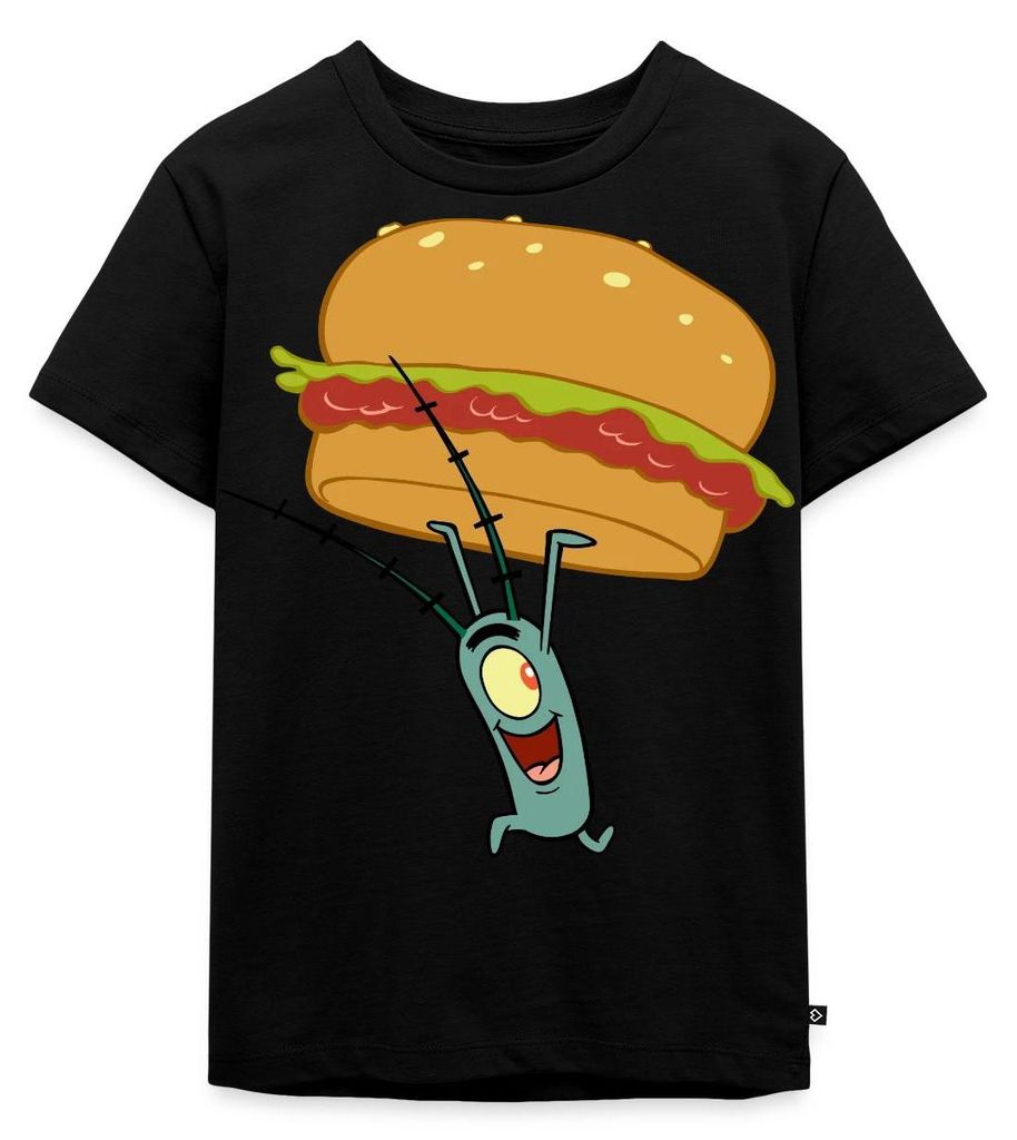 Spreadshirt Spongebob Schwammkopf Plankton Mit Hamburger Kinder Premium T-Shirt, 98/104 (2 Jahre), Schwarz