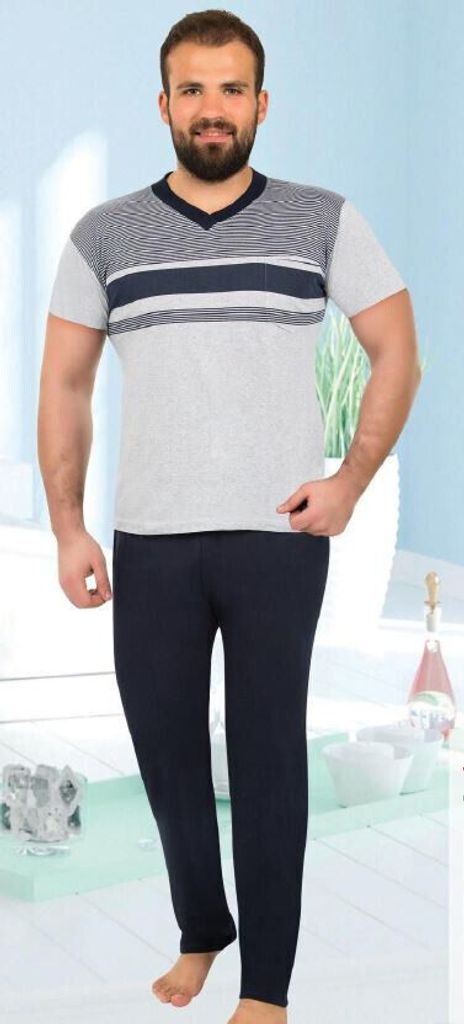 Herren Pyjama Schlafanzug Grau L %100 Baumwolle Kurz 2-Teiler Set R-75