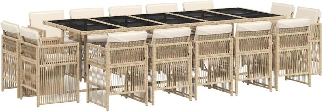 vidaXL 15-tlg. Garten-Essgruppe mit Kissen Beige Poly Rattan
