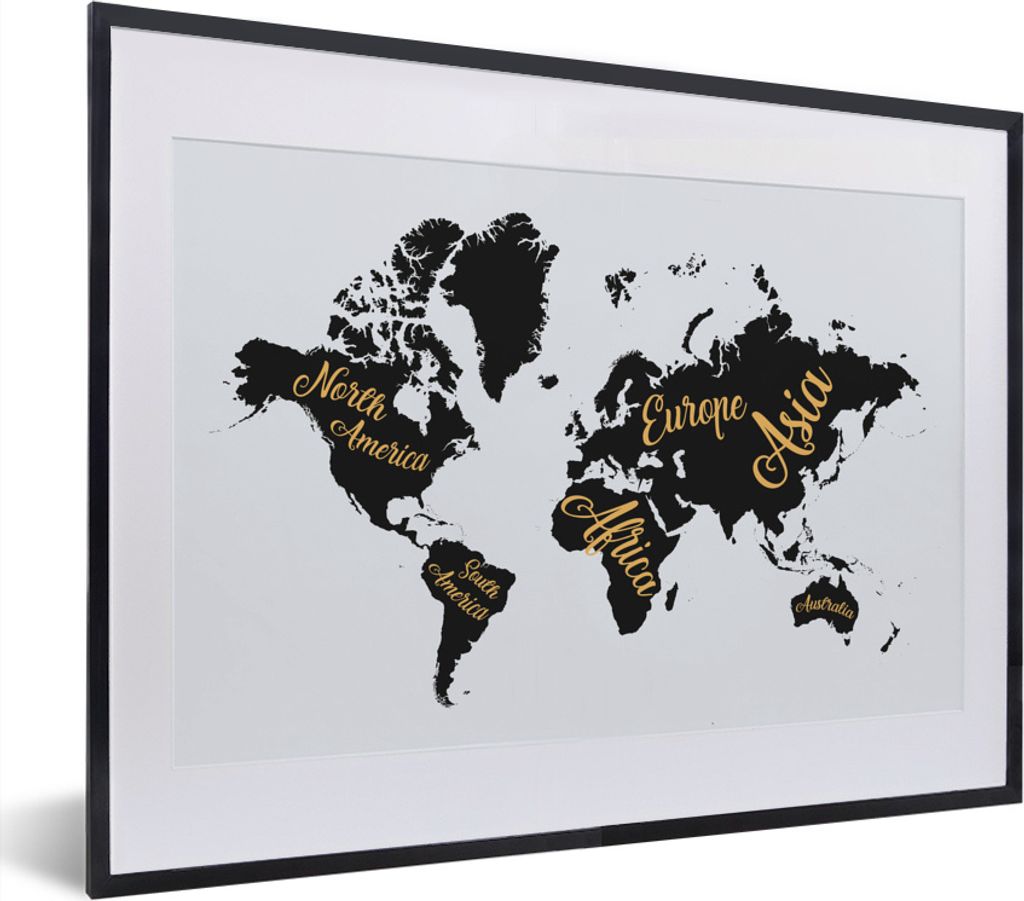 MuchoWow MuchoWow Gerahmtes Poster Weltkarte - Briefe - Gold 40x30 cm - Poster mit zchwarzem Bilderrahmen - Bilderrahmen - Poster im Rahmen