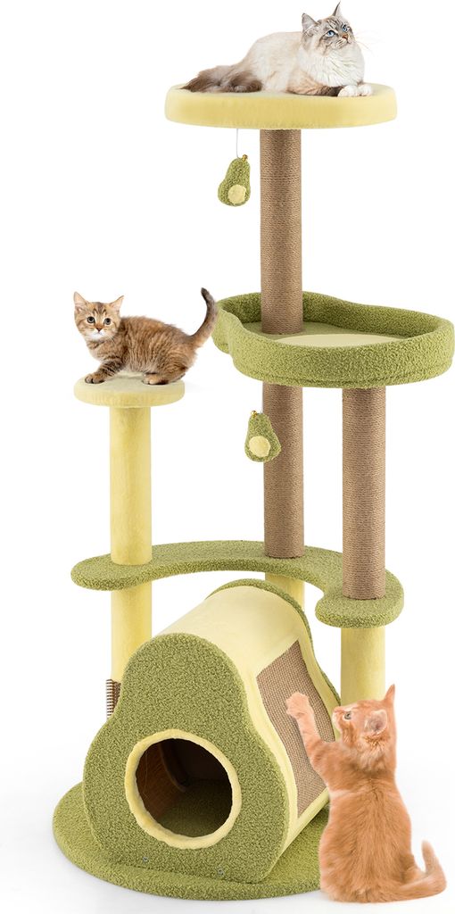 COSTWAY Kratzbaum Holz 124,5cm hoch, Avocado-Design, Katzenbaum mit Plattformen, Katzenhöhle, Spielzeug, Pflegebürste & Kratzbrett, Spielbaum Grün