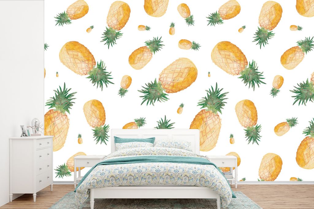 MuchoWow Fototapete für Wohnzimmer oder Schlafzimmer Wandtapete Vinyl Motivtapete Ananas - Obst - Weiß - 390x260 cm - Papiertapete