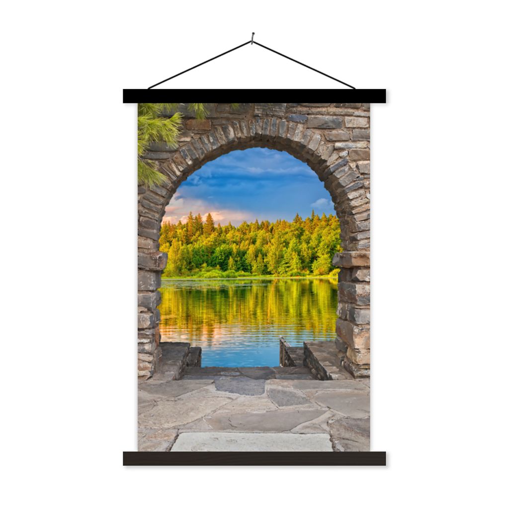 MuchoWow Textilposter Bäume - Wald - Wasser - Aussicht 120x180 cm mit schwarzem Rahmen - Fotos