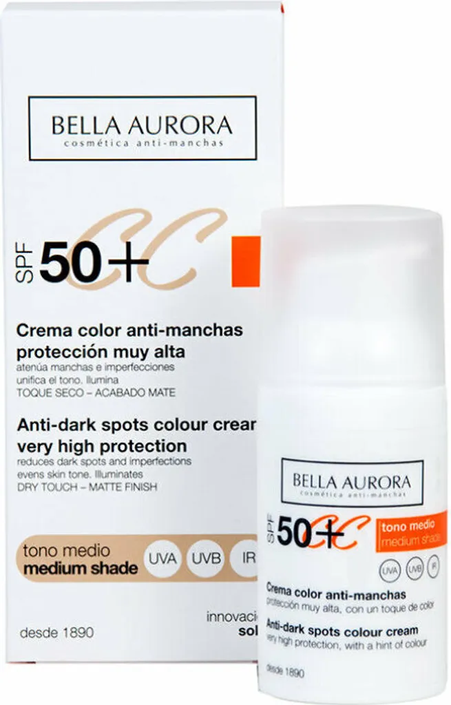 Soin Anti-Taches CC Crème Bella Aurora SPF50 Haute Couvrance Teinte 30ml