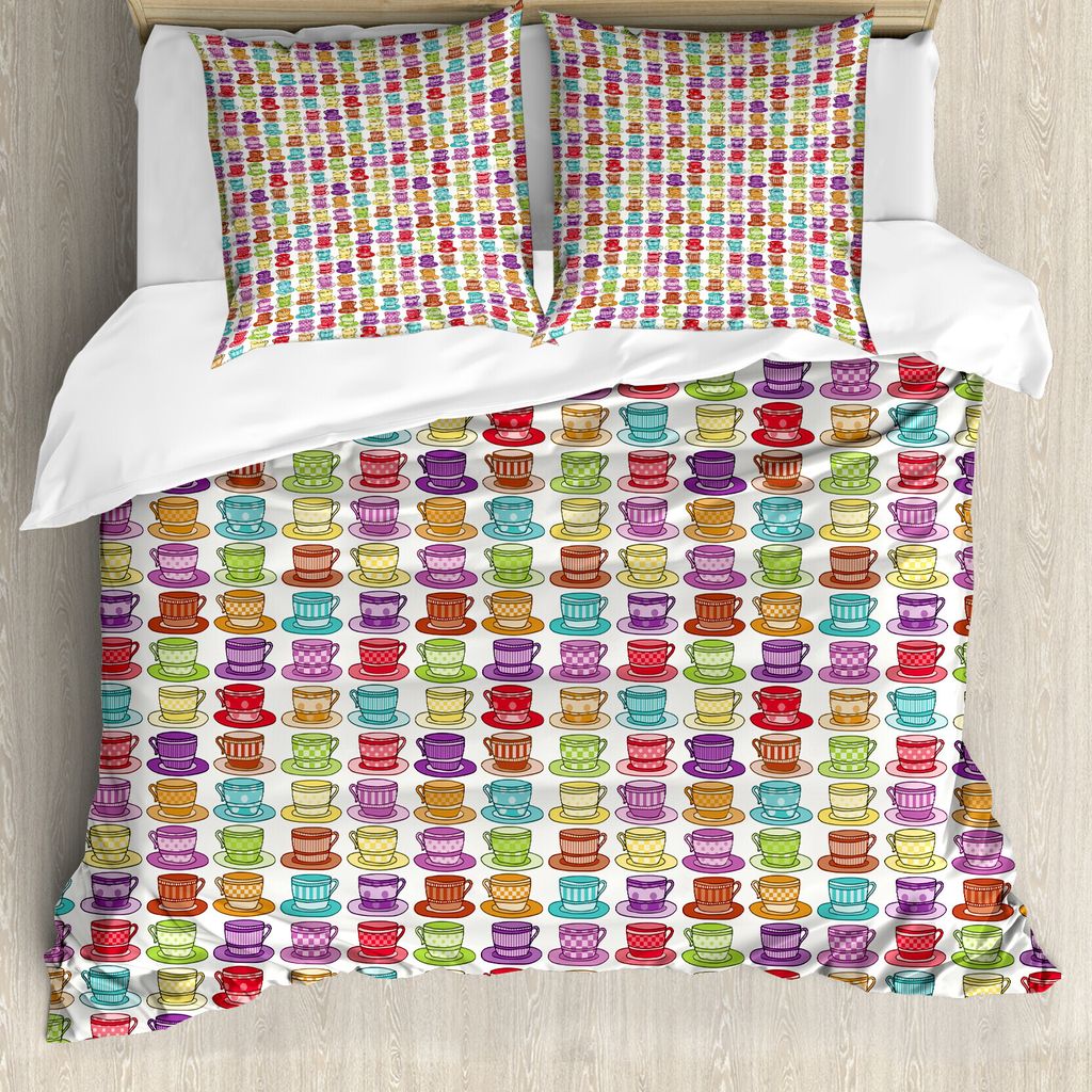 ABAKUHAUS Tee-Party Bettbezug, Bunte Schalen-Entwurf, Milbensicher Allergiker geeignet mit Kissenbezügen, 155 cm x 220 cm - 80 x 80 cm, Mehrfarbig