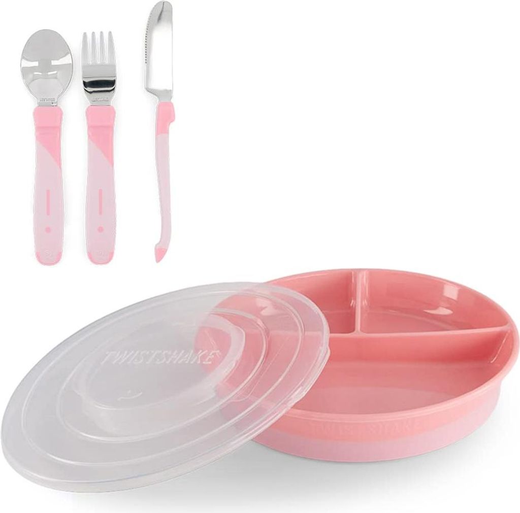 Twistshake Babygeschirr-Set | Geteilter Teller + Besteck 12m+ | BPA-frei | Ernährungstrainingsset für Kinder | Rosa