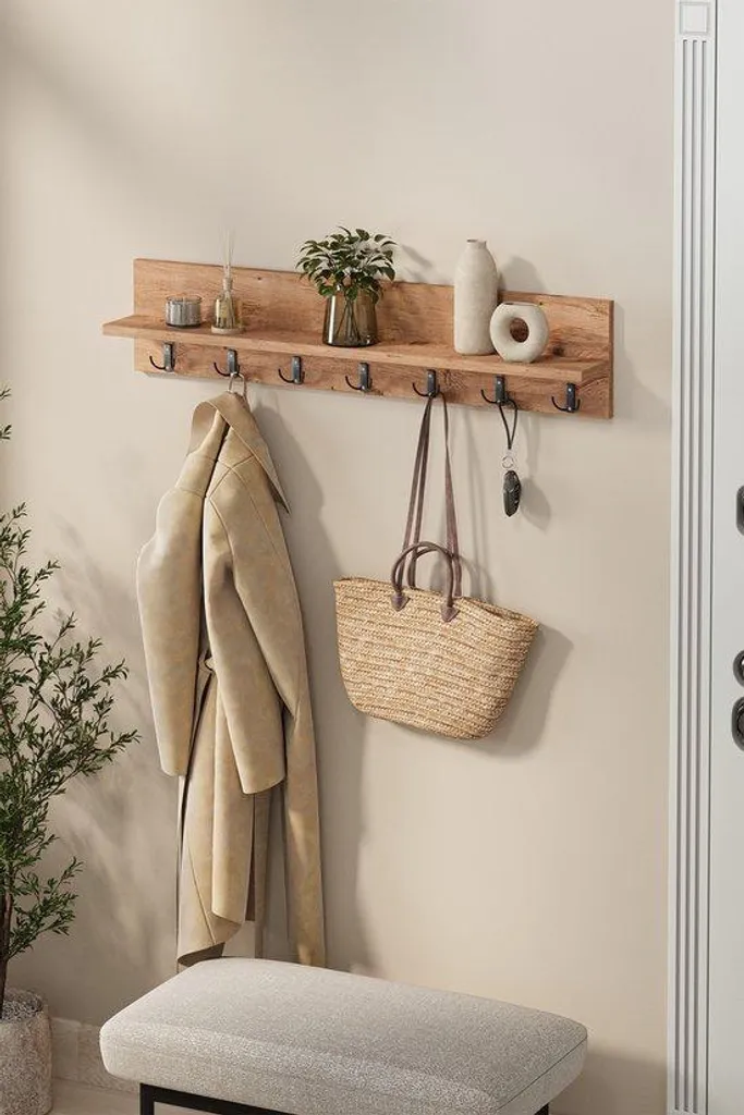 Portemanteau mural avec étagère 106 cm en aspect pin et métal noir