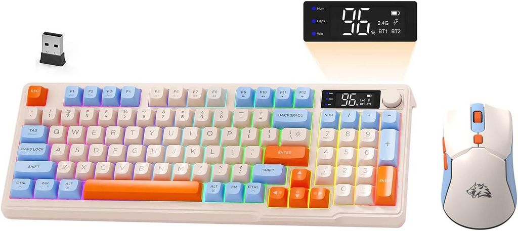 Kabelloses Gaming-Tastatur- und Maus-Set, BT/2,4 GHz, Smart Display und Knopf, Regenbogen-Hintergrundbeleuchtung, Aufladbare QWERTY-Tastatur