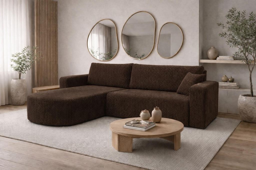 Kaiser Möbel Ecksofa mit Schlaffunktion, Cordstoff Poso, Braun, Links, ROUND ONE XL