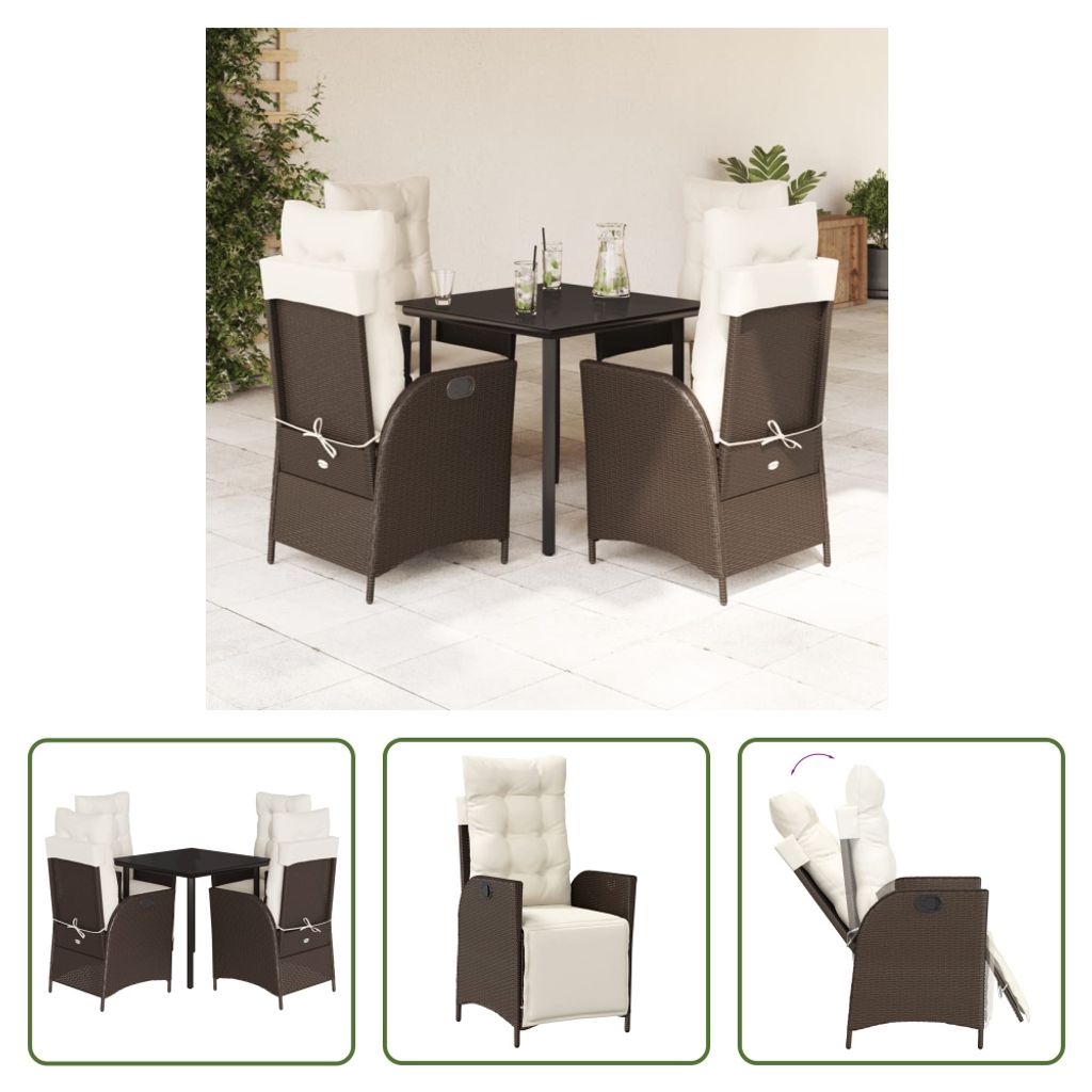 The Living Store 5-tlg. Garten-Essgruppe mit Kissen Braun Poly Rattan