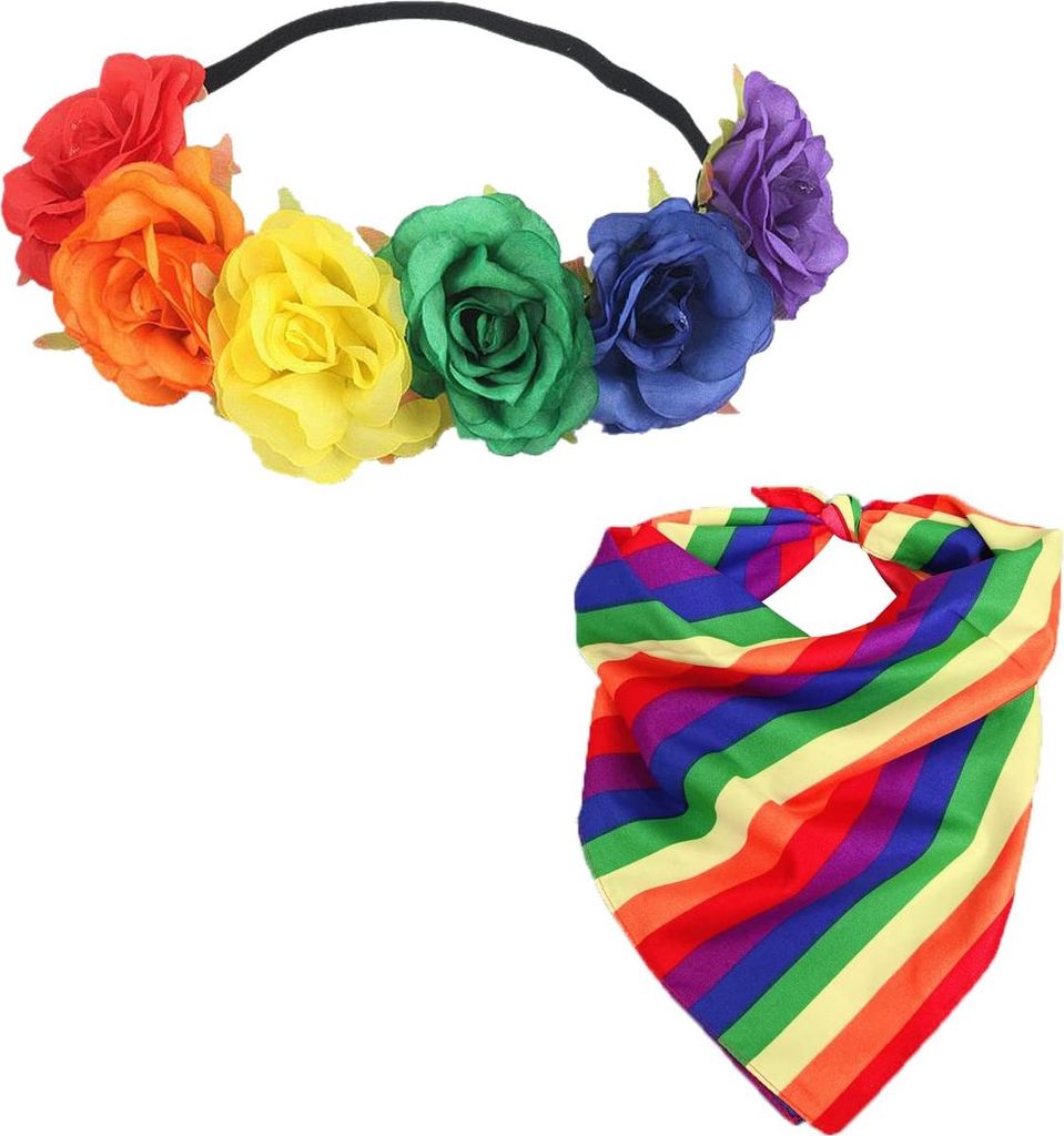 Stirnband mit Imitation-Regenbogenblume und regenbogenfarbener Bandana - Haaraccessoires für den Pride-Monat
