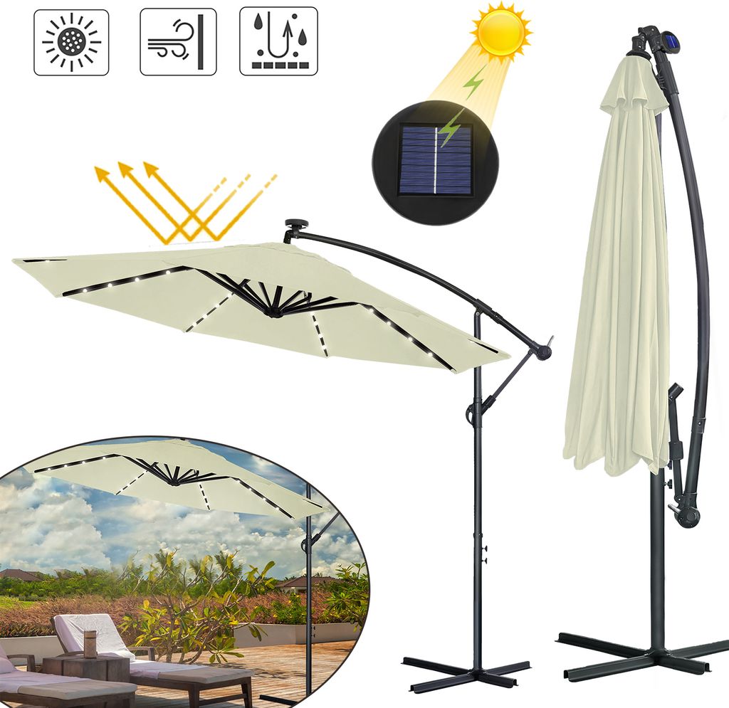 LARS360 3m LED Sonnenschirm Ampelschirm Solar Kurbelschirm in Beige, Gartenschirm mit Solarpanel, Sonnenschutz für Terrasse und Garten, Energieeff...