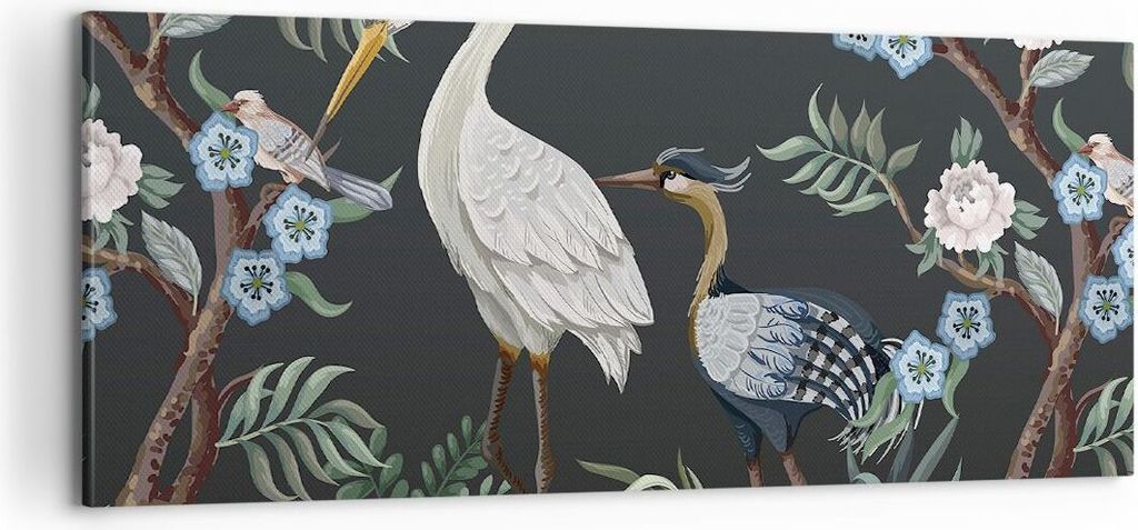 Bild auf Leinwand - Leinwandbild - Einteilig - Asiatisch Reiher Blumen - 100x40cm - Wand Bild - Wanddeko - Wandbilder - Leinwanddruck - Bilder - Wa...