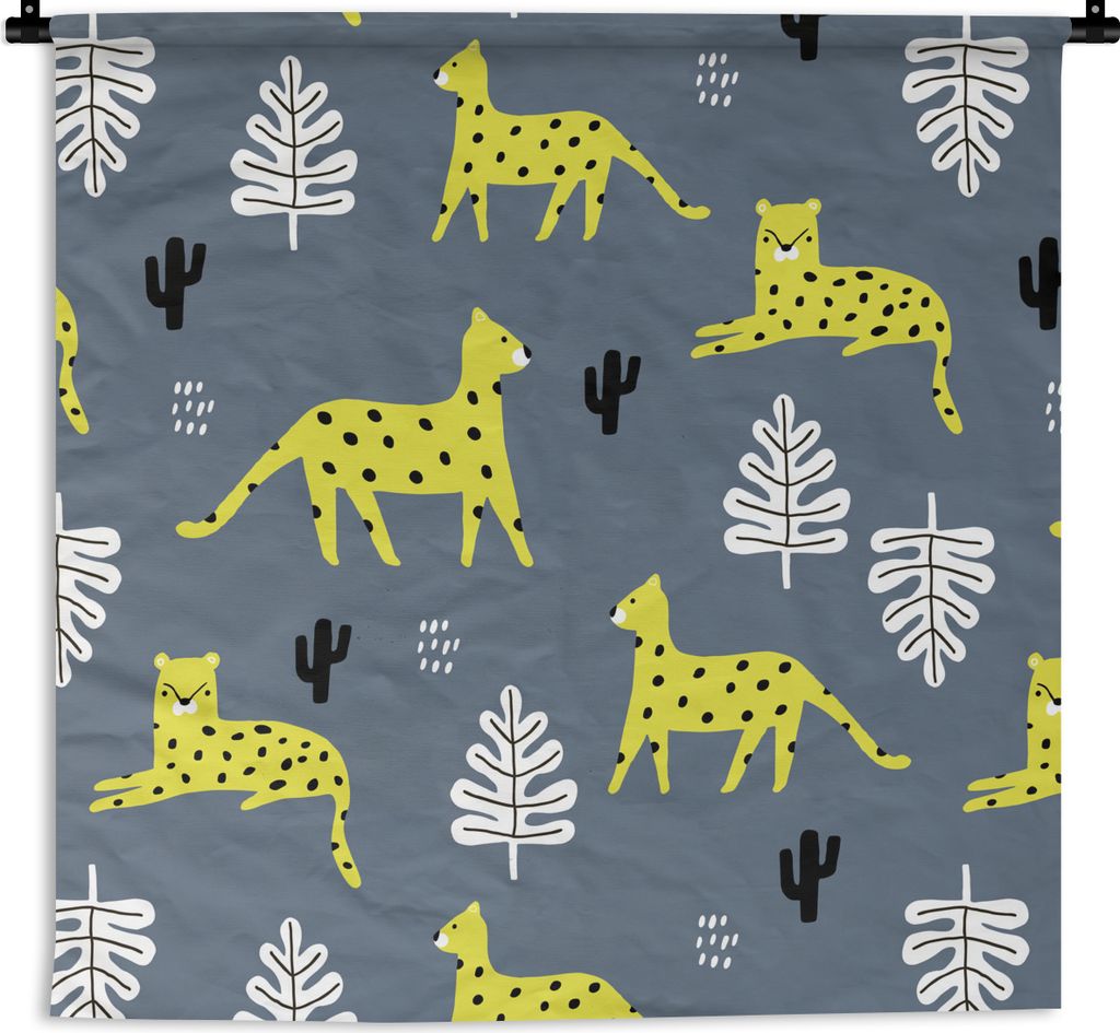 MuchoWow Wandteppich Wandbehang Panther - Blätter - Kaktus - Muster 150x150 cm Tapisserie Dekoration Wandtuch - Wohnaccessoires - Modernes