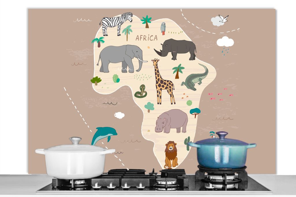 KitchenYeah Spritzschutz Küche - Küchenrückwand - Wandschutz für Herd und Spüle - Weltkarte - Kinder - Afrika - Tiere - Jungen - Mädchen 12...