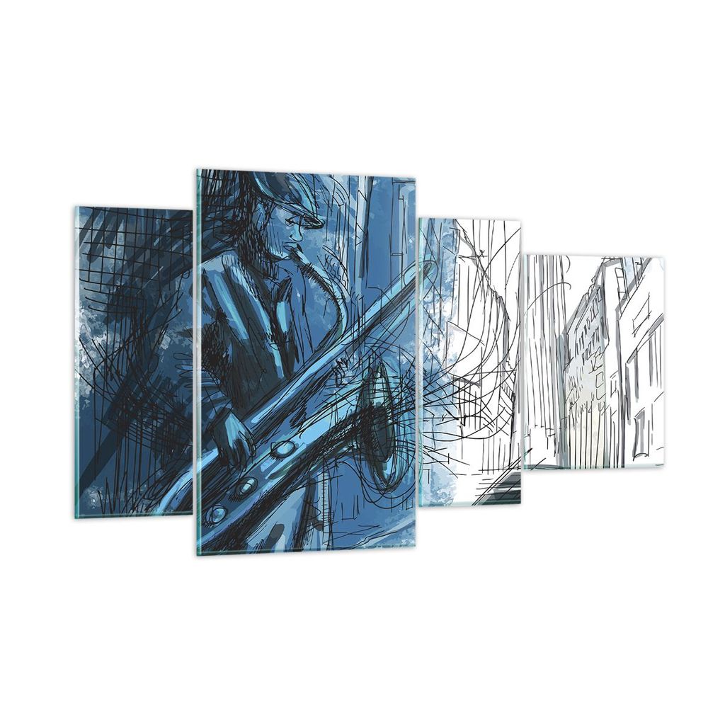 Bilder auf glas - 4 Teile - Saxophon Musiker Zeichnen - 120x70cm - Glasbilder - Wandbilder - Bilder - zum Aufhängen bereit - Wanddekoration aus Gl...