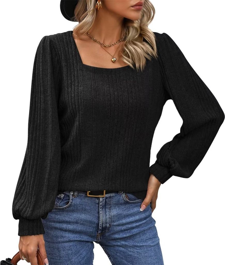ASKSA Damen Langarmshirt Square Neck Casual Elegant T-Shirts Basic Einfarbig Bluse Oberteile, Schwarz, S