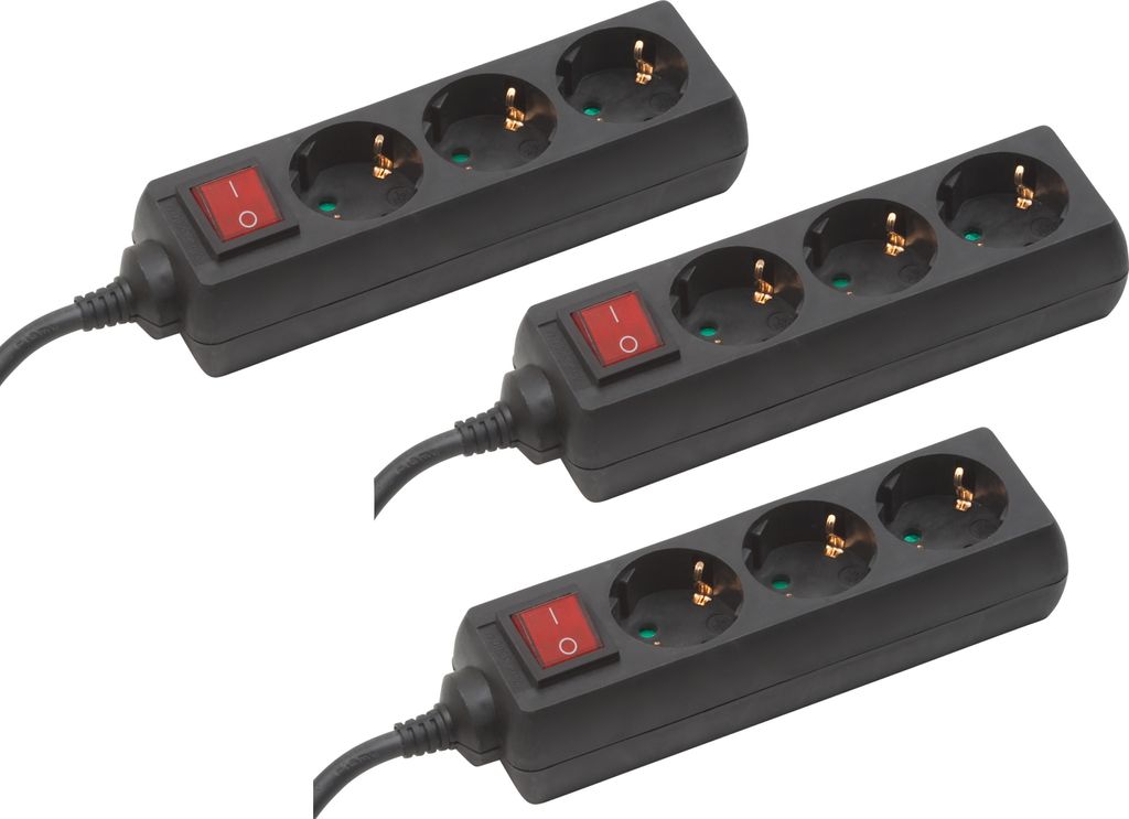 Meister Steckdosenleiste 3-fach 3er-Set 1,4 m Kabel schwarz Produktbild 