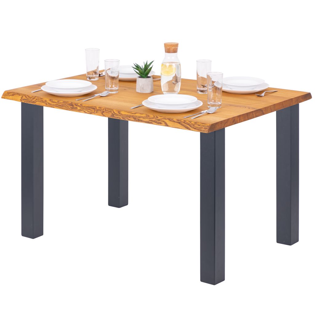 LAMO Manufaktur Esstisch Schreibtisch Baumkante 120x80x76 cm (LxBxH), Massivholz / Classic, Esche Rustikal / Anthrazit, LEB-01-A-003-7016Cl