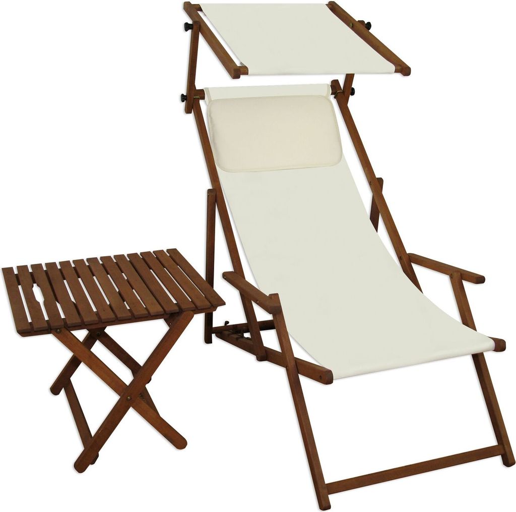 Sonnenliege weiß Liegestuhl Sonnendach Tisch Kissen Gartenliege Deckchair Strandstuhl 10-303STKH