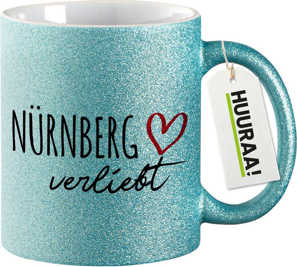 Huuraa Glitzertasse Nürnberg verliebt 330ml Blau Keramik Kaffeebecher Geschenkidee