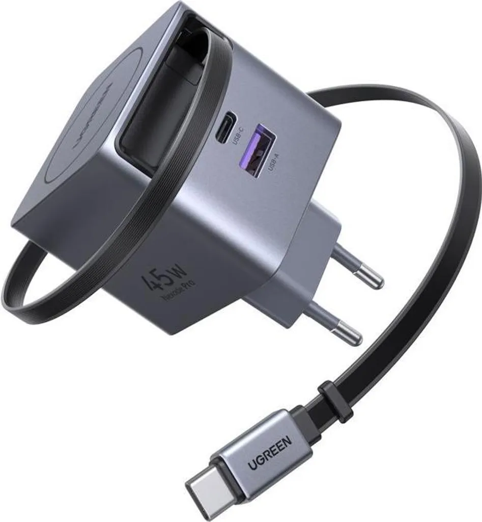 UGREEN Nexode 65W: Caricatore GaN 3 Porte con Cavo a Scomparsa