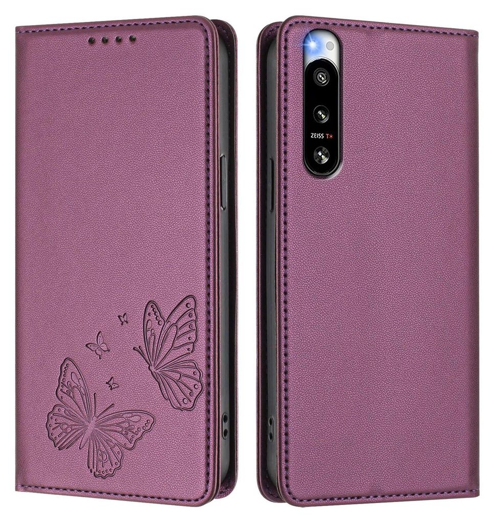 Lederhülle für Sony Xperia 5 IV, Schmetterling Prägung Leder Brieftasche Schutzhülle mit Ständer Lila