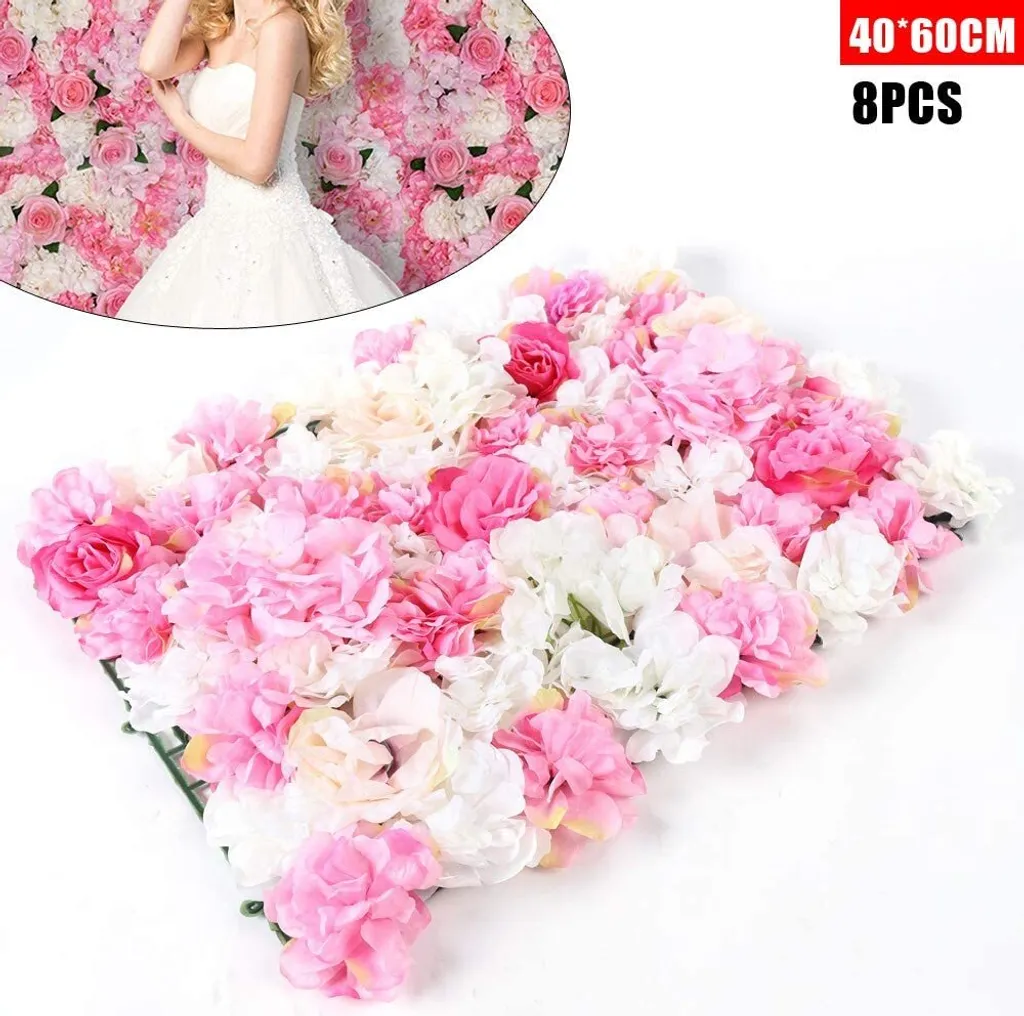 Mur floral en soie rose et champagne avec fleurs haute densité 8 pcs