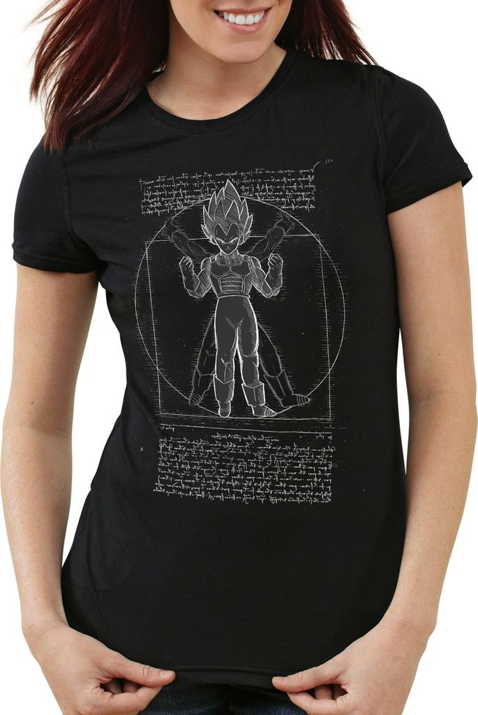 style3 Vitruvianischer Vegeta Damen T-Shirt da vinci roshi ball z songoku dragon, Farbe:Schwarz, Größe:XS