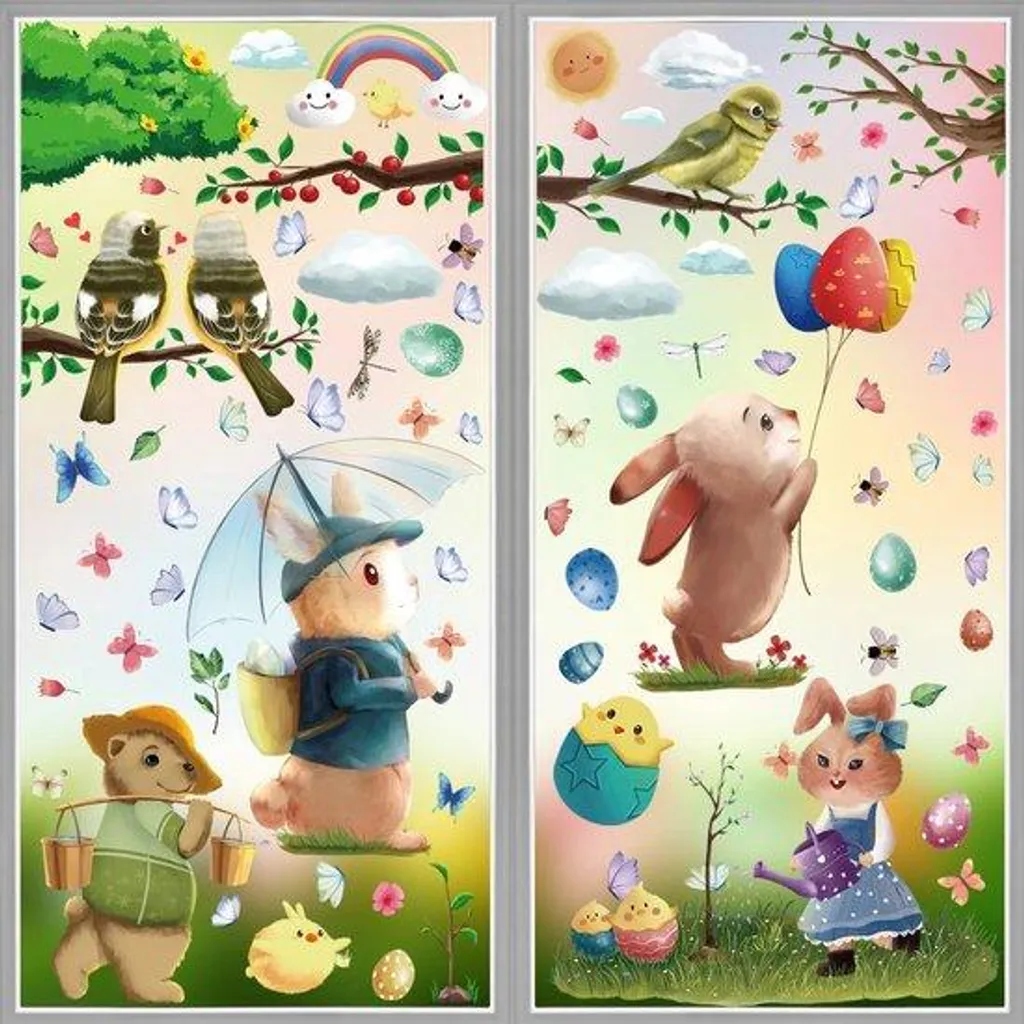 Décoration de fenêtre Pâques lapins et œufs réutilisable pour enfant