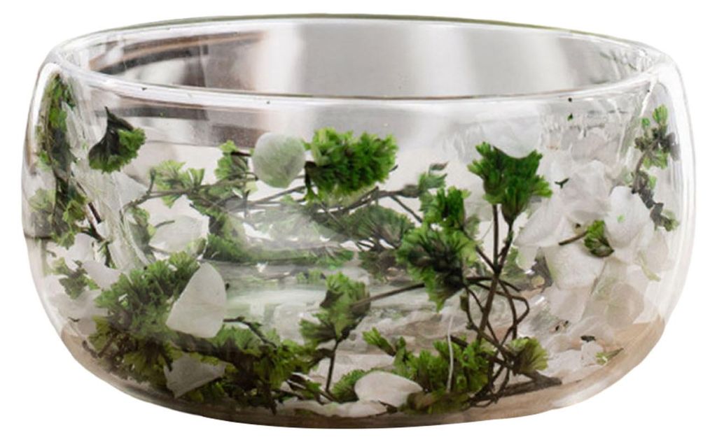 300 ml Glasschüssel, doppelwandige Borosilikatglasschüssel mit getrockneten Blumen, kunstvoll verzierte Suppen- und Dessertschüssel