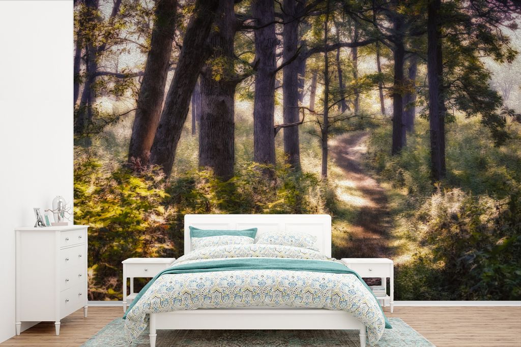 MuchoWow Fototapete für Wohnzimmer oder Schlafzimmer Wandtapete Vinyl Motivtapete Ölgemälde eines Fußweges in einem Wald - 390x260 cm - Papie...