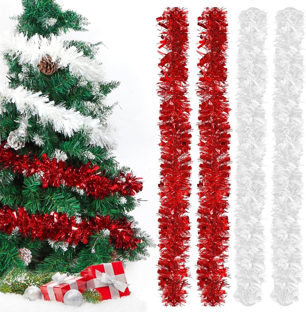 Set mit 4 weißen/roten Lametta-Weihnachtsgirlanden – 2 m – schimmernd metallisch – Weihnachtsbaum-/Partydekoration