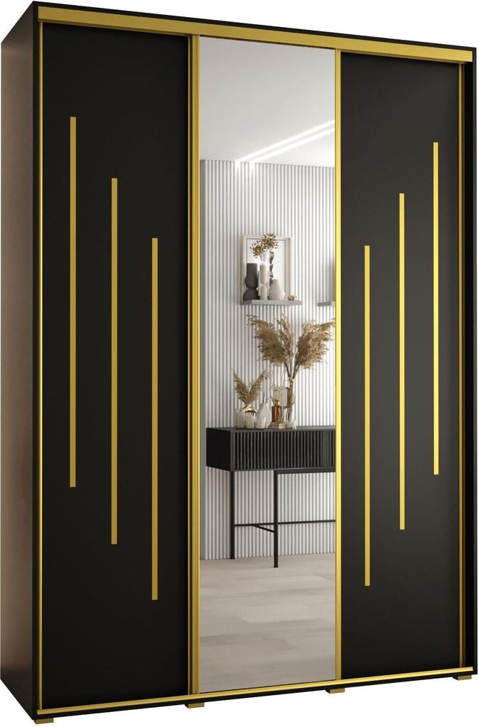 MEBLE KRYSPOL Cannes 9 Schrank mit 3 Schiebetüren - 205,2x180x60 cm - Schwarz Schwarz Gold